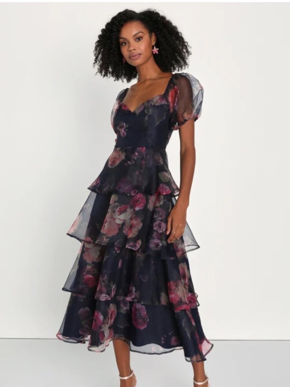 NWT Lulus Oh-So Stunning Navy Blue Floral Organza Tiered Midi Dress Size Medium